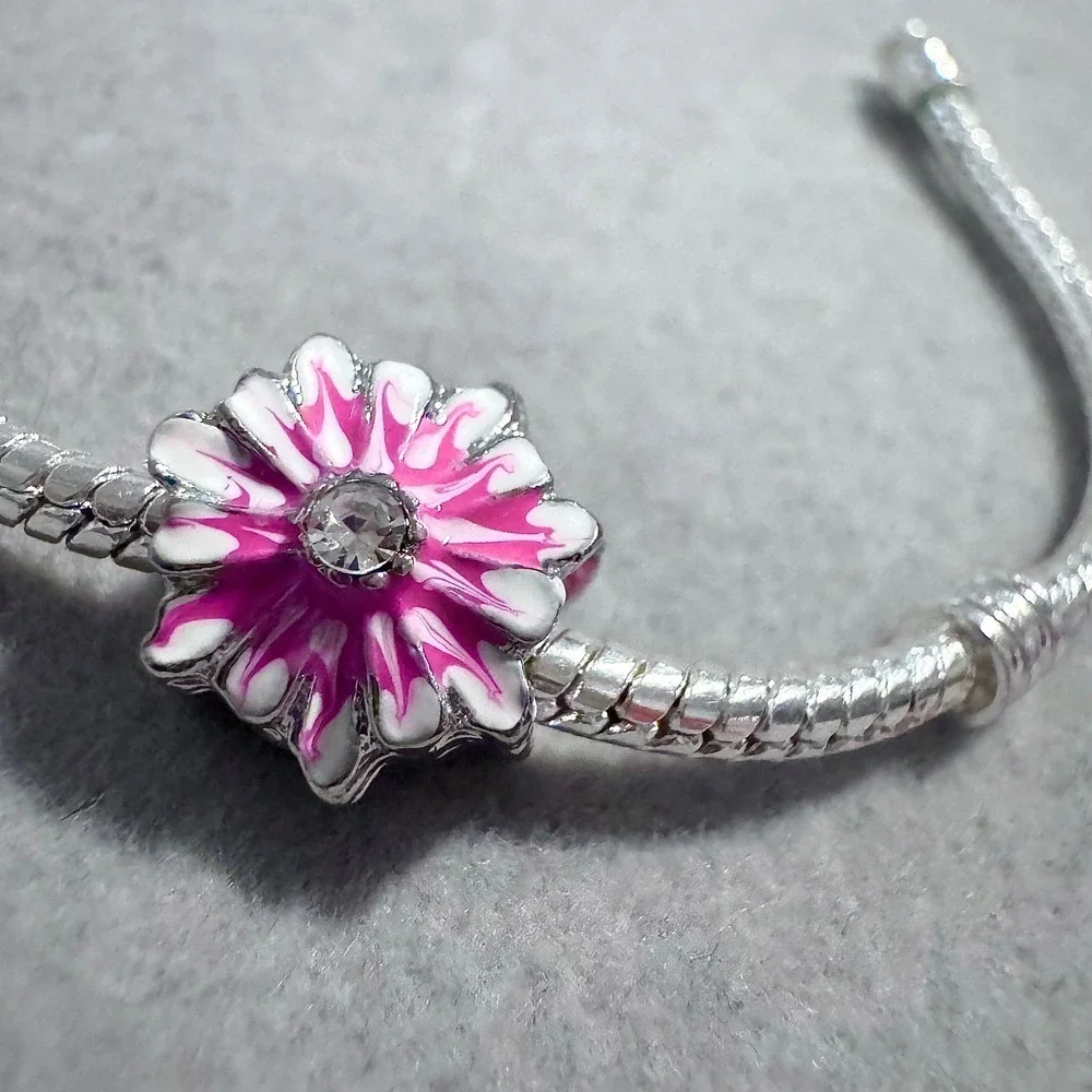 Pink White Enamel Flower Bead Charm fits‎ PANDORA